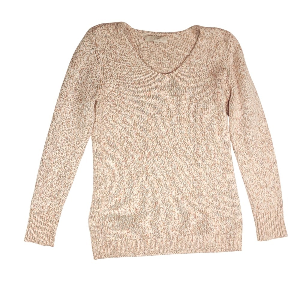 LOFT V-Neck Sweater Women M Medium Pink Beige Marled Knit Cotton Blend Soft L/S - Picture 1 of 5